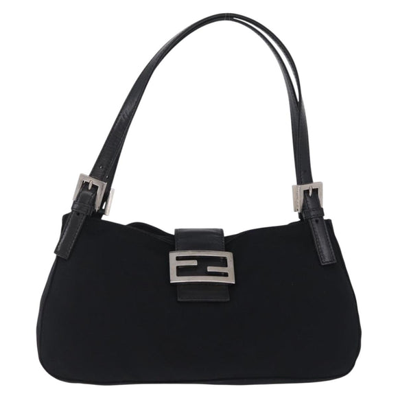 FENDI Mamma Baguette Tote Bag Cotton Jersey Black Silver Auth 211590A