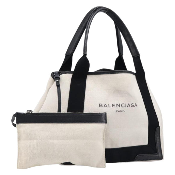 Balenciaga Navy Cabas Hand Bag Canvas White Silver 339933 Auth 211594