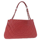 CHANEL Matelasse Chain Tote Bag Caviar Skin Red Silver CC Auth 211596M-1