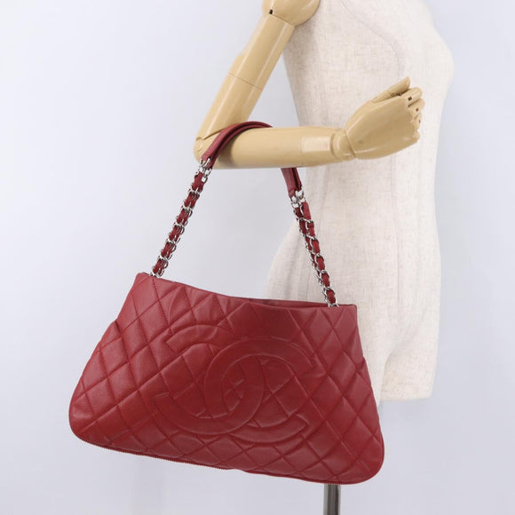 CHANEL Matelasse Chain Tote Bag Caviar Skin Red Silver CC Auth 211596M