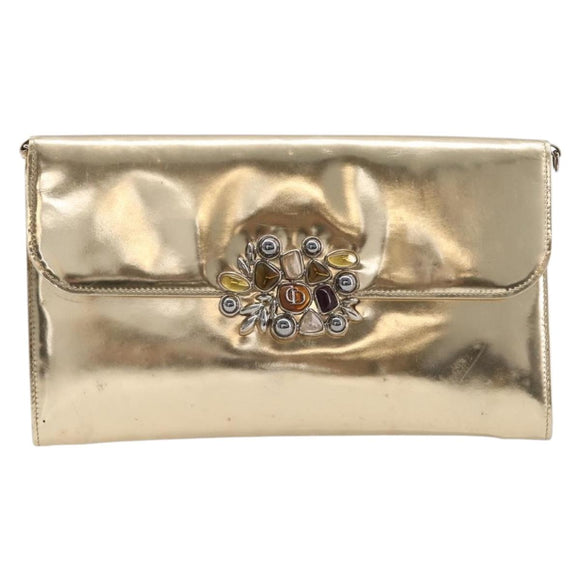 Christian Dior Clutch Bag Patent leather Gold Auth 211619