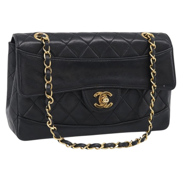 CHANEL Matelasse Chain Shoulder Bag Lamb Skin Black Gold CC Auth 211643M