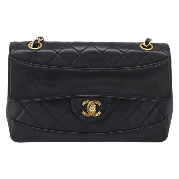 CHANEL Matelasse Chain Shoulder Bag Lamb Skin Black Gold CC Auth 211643M