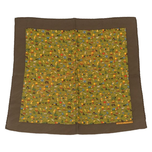 HERMES Carre 45 Scarf Ranch Pattern Silk Khaki Auth 211660