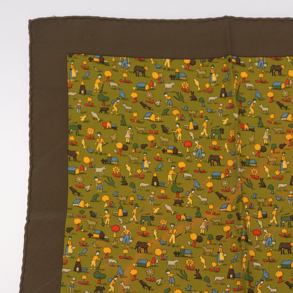 HERMES Carre 45 Scarf Ranch Pattern Silk Khaki Auth 211660