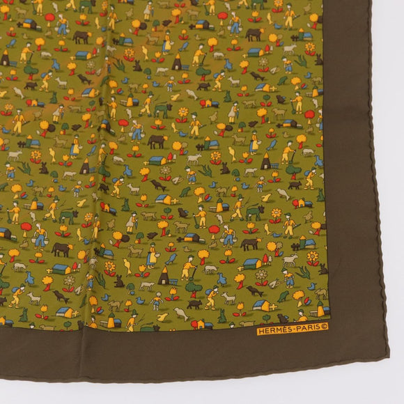 HERMES Carre 45 Scarf Ranch Pattern Silk Khaki Auth 211660