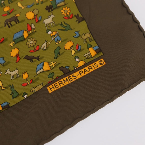 HERMES Carre 45 Scarf Ranch Pattern Silk Khaki Auth 211660