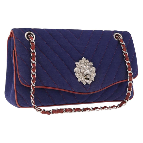 CHANEL V stitch Chain Shoulder Bag Cotton Jersey Navy Silver CC Auth 211675M