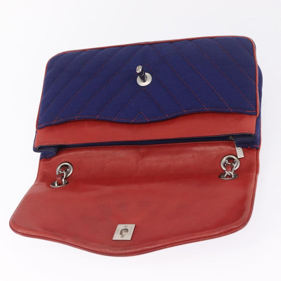 CHANEL V stitch Chain Shoulder Bag Cotton Jersey Navy Silver CC Auth 211675M
