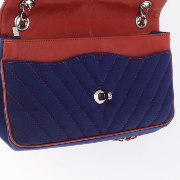 CHANEL V stitch Chain Shoulder Bag Cotton Jersey Navy Silver CC Auth 211675M