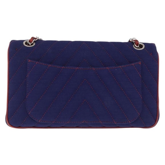 CHANEL V stitch Chain Shoulder Bag Cotton Jersey Navy Silver CC Auth 211675M