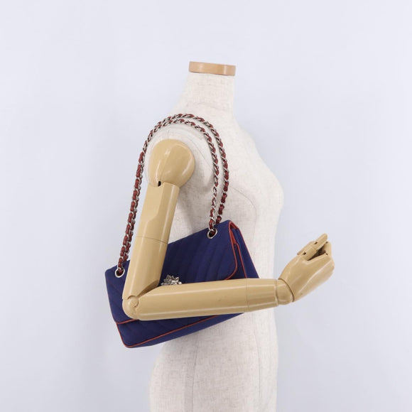 CHANEL V stitch Chain Shoulder Bag Cotton Jersey Navy Silver CC Auth 211675M