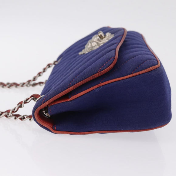 CHANEL V stitch Chain Shoulder Bag Cotton Jersey Navy Silver CC Auth 211675M