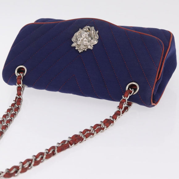 CHANEL V stitch Chain Shoulder Bag Cotton Jersey Navy Silver CC Auth 211675M