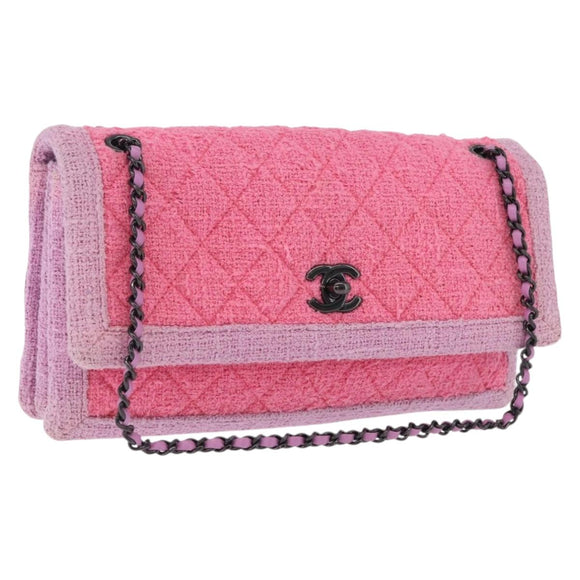 CHANEL Matelasse Chain Shoulder Bag Tweed Pink CC Auth 211677M