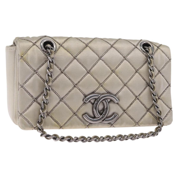 CHANEL Matelasse Chain Shoulder Bag Satin Gold Silver CC Auth 211678A