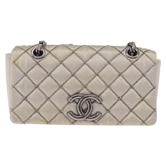CHANEL Matelasse Chain Shoulder Bag Satin Gold Silver CC Auth 211678A