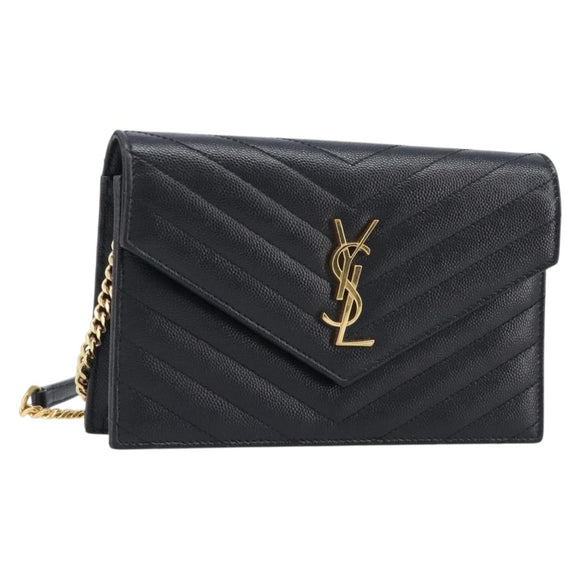 Saint Laurent Cassandra Chain Shoulder Bag Leather Black Gold Auth 211695V