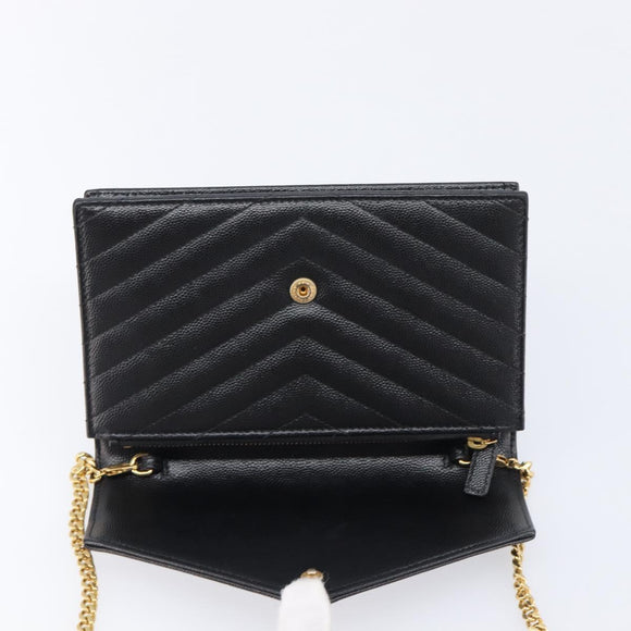 Saint Laurent Cassandra Chain Shoulder Bag Leather Black Gold Auth 211695V