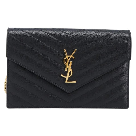 Saint Laurent Cassandra Chain Shoulder Bag Leather Black Gold Auth 211695V