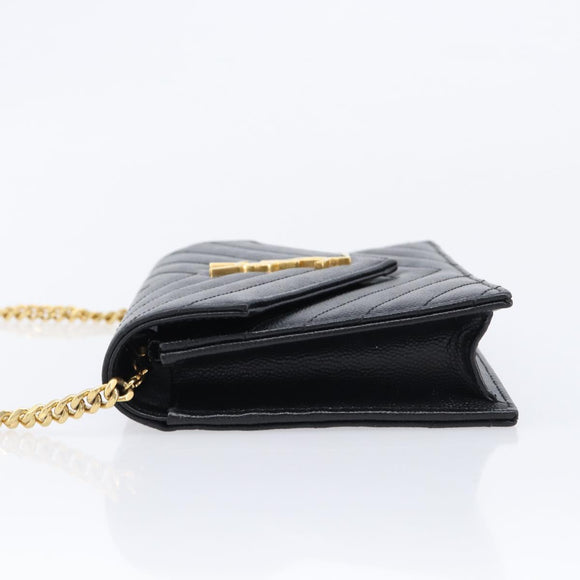 Saint Laurent Cassandra Chain Shoulder Bag Leather Black Gold Auth 211695V