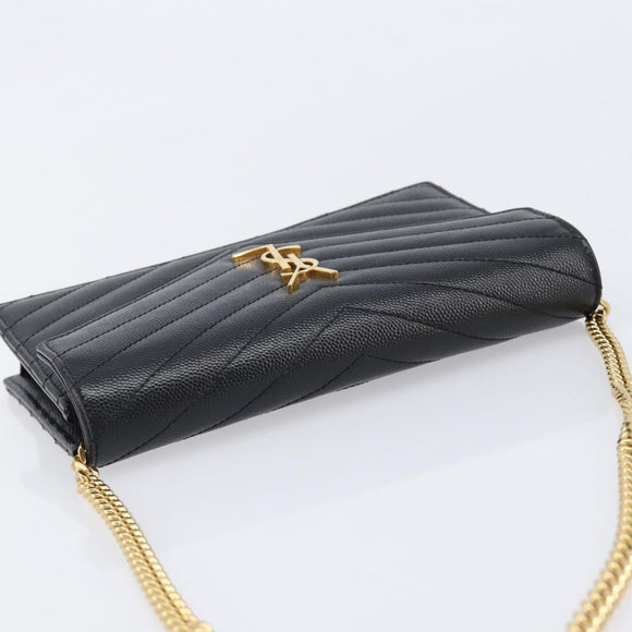 Saint Laurent Cassandra Chain Shoulder Bag Leather Black Gold Auth 211695V