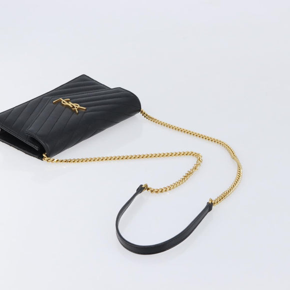 Saint Laurent Cassandra Chain Shoulder Bag Leather Black Gold Auth 211695V