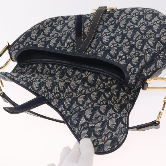 Christian Dior Trotter Canvas saddle Shoulder Bag Navy Gold Auth 211697SAV