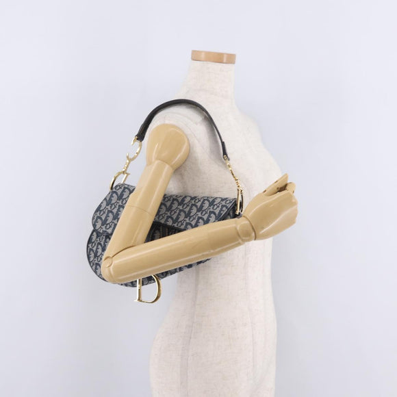 Christian Dior Trotter Canvas saddle Shoulder Bag Navy Gold Auth 211697SAV