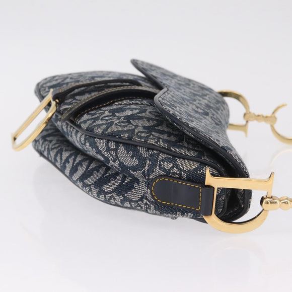 Christian Dior Trotter Canvas saddle Shoulder Bag Navy Gold Auth 211697SAV