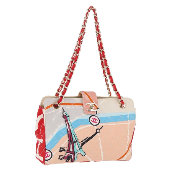 CHANEL Cruise Line Matelasse Chain Tote Bag Canvas Pink Gold CC Auth 211700SM