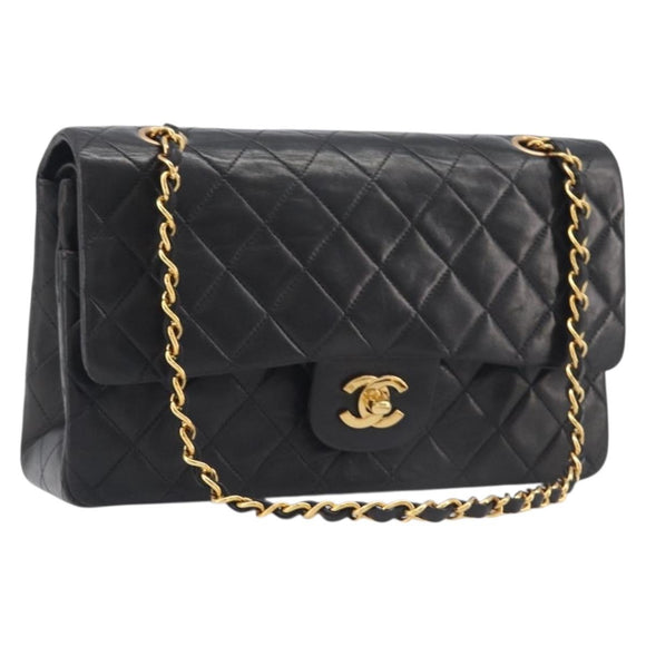 CHANEL Matelasse 25 Chain Shoulder Bag Lamb Skin Black Gold CC Auth 211705SV