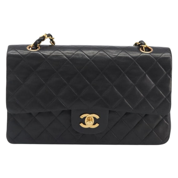 CHANEL Matelasse 25 Chain Shoulder Bag Lamb Skin Black Gold CC Auth 211705SV