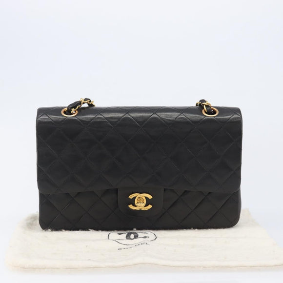 CHANEL Matelasse 25 Chain Shoulder Bag Lamb Skin Black Gold CC Auth 211705SV