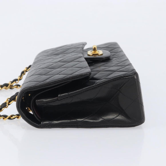 CHANEL Matelasse 25 Chain Shoulder Bag Lamb Skin Black Gold CC Auth 211705SV