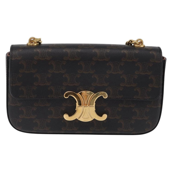 CELINE Triomphe Chain Shoulder Bag Leather Black Gold Auth 211706SAM