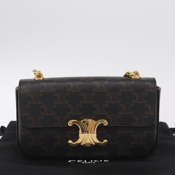 CELINE Triomphe Chain Shoulder Bag Leather Black Gold Auth 211706SAM