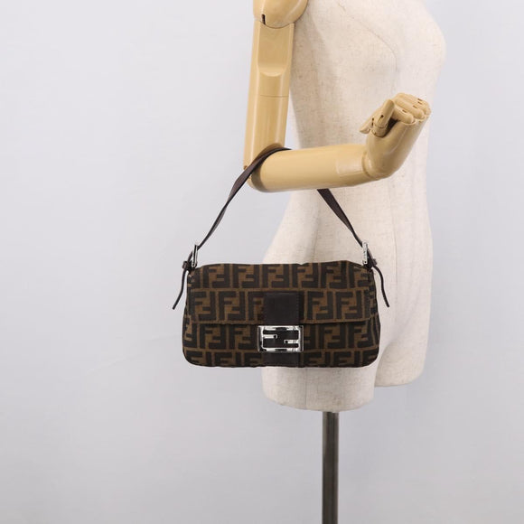 FENDI Zucca Canvas Mamma Baguette Shoulder Bag Brown Black Auth 211709V