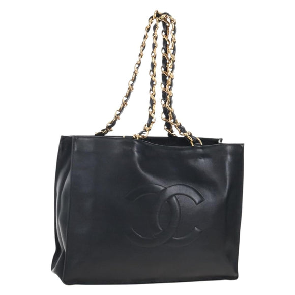 CHANEL Chain Shoulder Tote Bag Lamb Skin Black Gold CC Auth 211710V