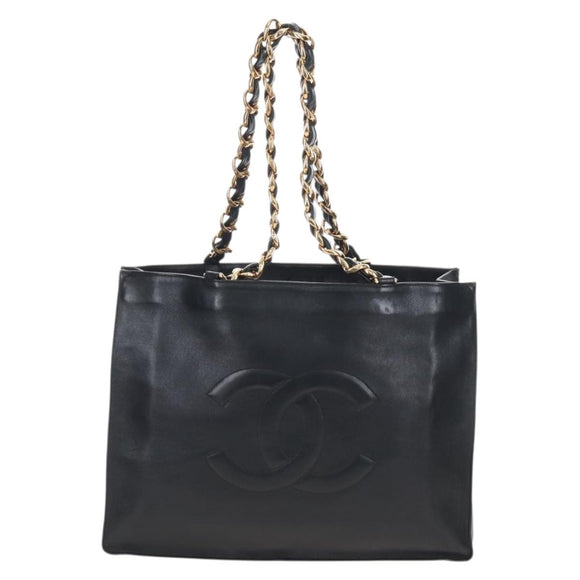 CHANEL Chain Shoulder Tote Bag Lamb Skin Black Gold CC Auth 211710V