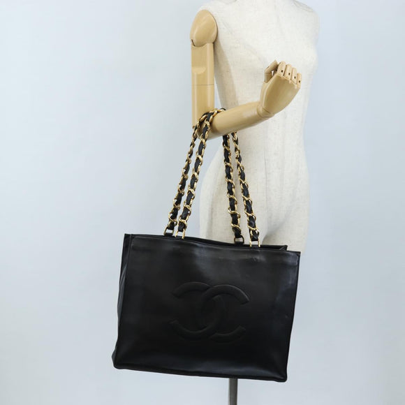 CHANEL Chain Shoulder Tote Bag Lamb Skin Black Gold CC Auth 211710V