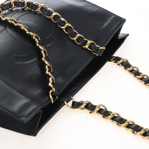 CHANEL Chain Shoulder Tote Bag Lamb Skin Black Gold CC Auth 211710V