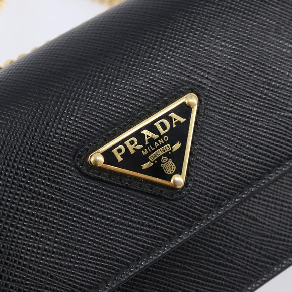 PRADA Chain Pouch Saffiano leather Black Gold Auth 211715V
