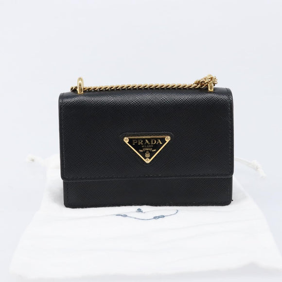 PRADA Chain Pouch Saffiano leather Black Gold Auth 211715V