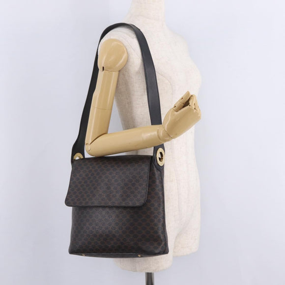 CELINE Macadam Canvas Circle Shoulder Bag PVC Leather Black Gold Auth 211717A