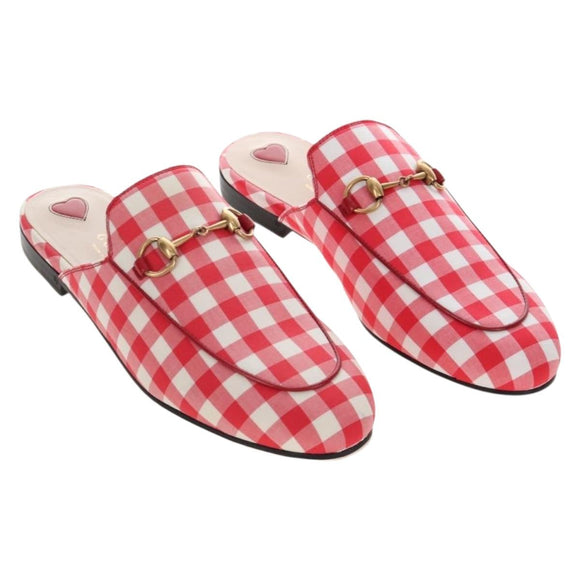 GUCCI Horsebit Mules Nylon Size 36 1/2 Red Gold Auth 211723M