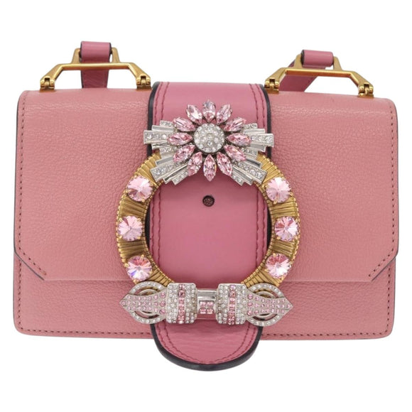 Miu Miu Madras Shoulder Bag Leather Pink Gold Auth 211725A