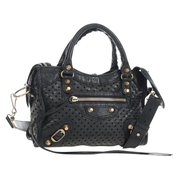 Balenciaga Classic Mini City Bag Punching Leather 2way Black 501065 Auth 211728M