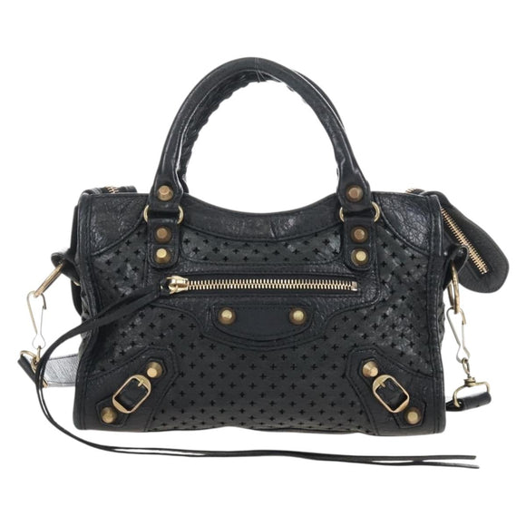 Balenciaga Classic Mini City Bag Punching Leather 2way Black 501065 Auth 211728M