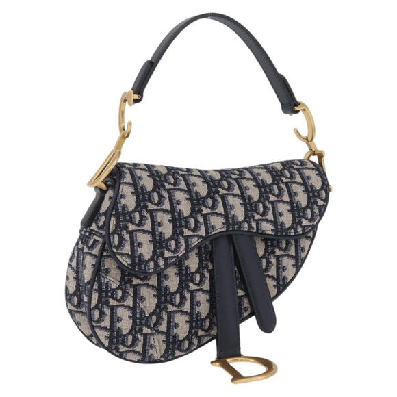 Christian Dior Trotter Canvas Saddle Hand Bag Navy Gold Auth 211731SAM
